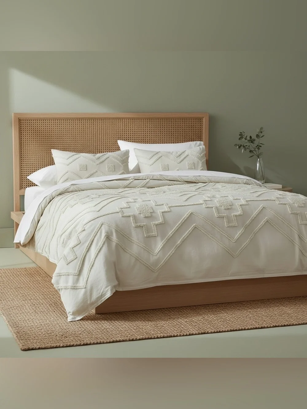 NEW Anthro Ivory Beige Tufted Floral Queen King Boho Comforter Bedding Sham Set